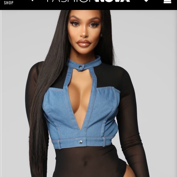 Fashion Nova Tops - Fashion Nova Denim And Mesh Bodysuit Fashion Nova Tops - Fashion Nova Denim And Mesh Bodysuit